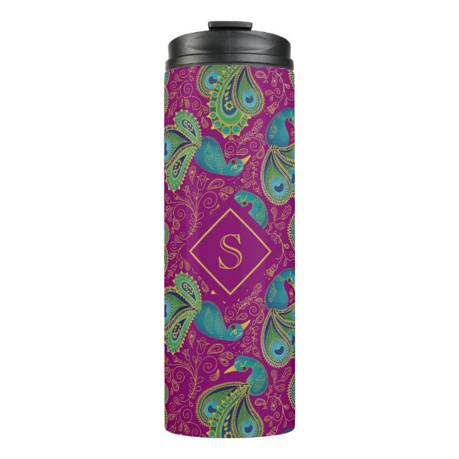 Pfau Paisley Königlich Rosa Fuchsien Monogramm Thermosbecher (Vorderseite)