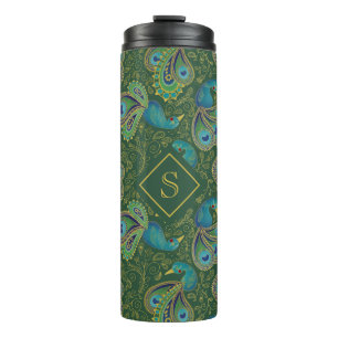 Pfau Paisley Royal Grün Monogramm Thermosbecher