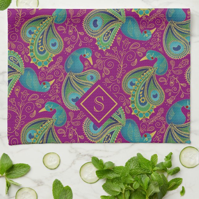 Pfau Paisley Royal Pink Fuchsia Monogramm Geschirrtuch (Gefaltet)