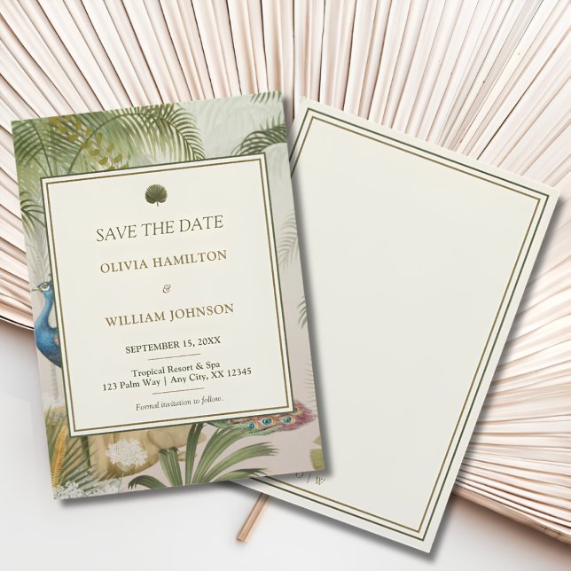 Pfau-Palm-Hochzeit Save the Date (Peacock Palm save the date with an ivory double-border back and personalized initials)