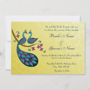 Pfau - Peahen Hochzeitseinladung, Senfgelb Einladung