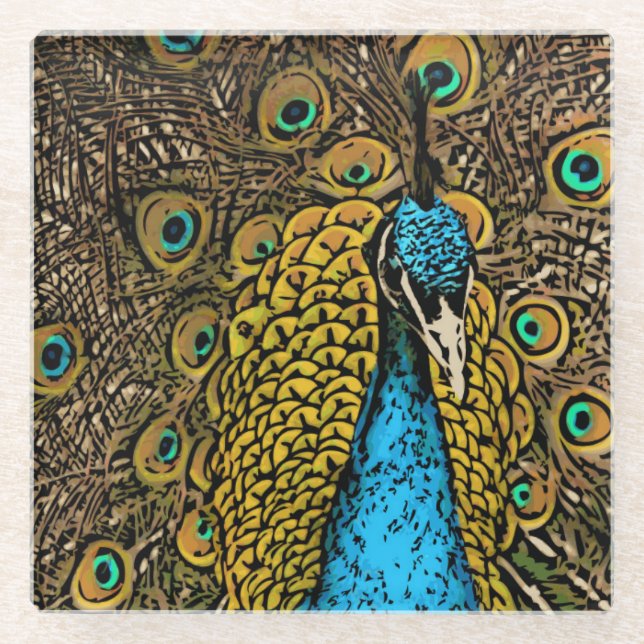 Pfau-Pracht-Illustration Glasuntersetzer (Vorderseite)