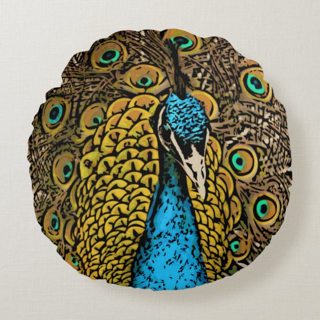 Pfau-Pracht-Illustration Rundes Kissen (Vorderseite)