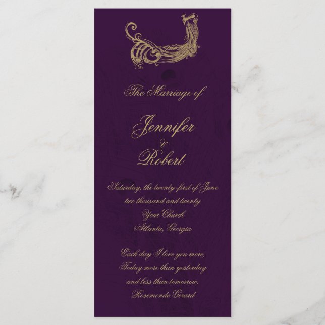 Pfau-Regency in lila Hochzeitsprogramm Programm (Vorderseite)