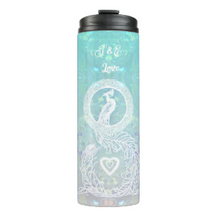 Pfau romantische Hochzeit, Herz personalisiert Thermosbecher