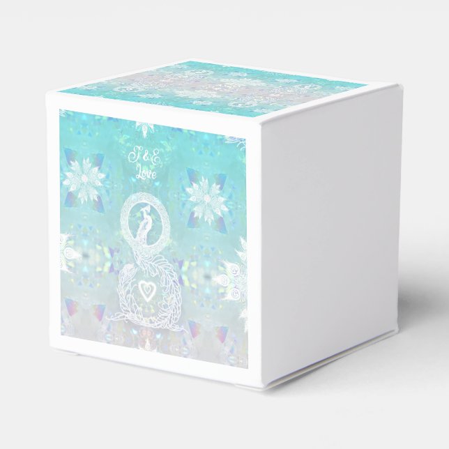 Pfau romantische Hochzeit, Herz und Aqua Blau Geschenkschachtel (Rückseite)