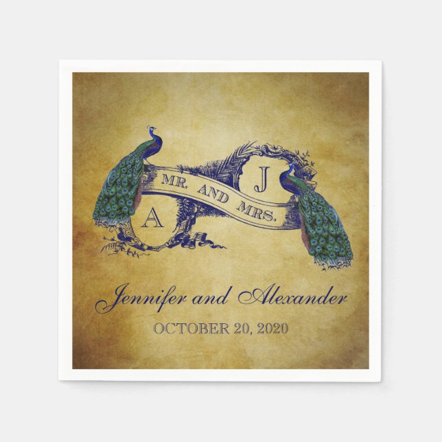 Pfau-rustikale Hochzeits-Papierservietten Serviette (Vorderseite)