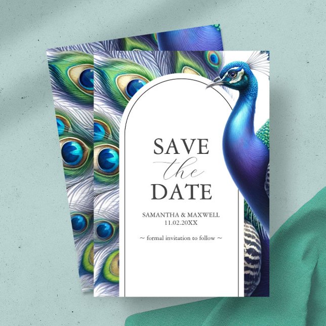 Pfau Save the Date Hochzeitsankündigungen (Save the date invitation card features peacock in shades of blue, green and purple)