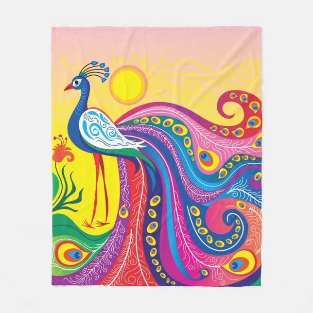 Pfau-Sonnenaufgang Fleecedecke (Vorderseite)