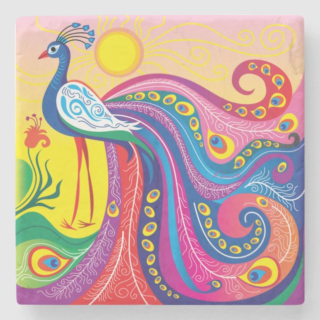 Pfau-Sonnenaufgang Steinuntersetzer (Vorderseite)