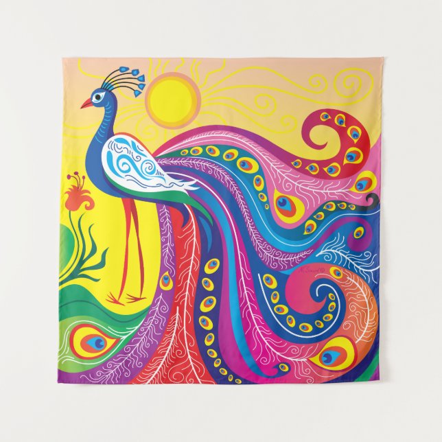Pfau-Sonnenaufgang Wandteppich (Vorderseite)