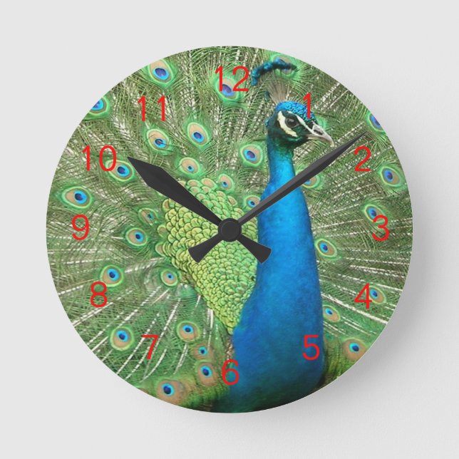 Pfau-Spreize-Uhr Red2 Runde Wanduhr (Vorderseite)