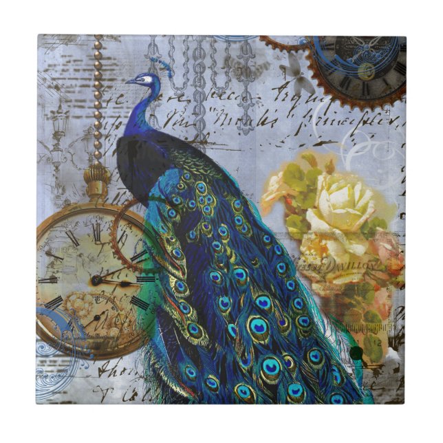 Pfau Steampunk Gelbe Rose Uhrwerke Fliese (Vorderseite)