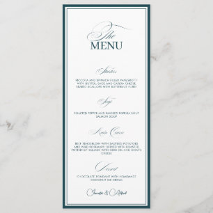 Pfau Teal Old Money Hochzeitsdinner-Menükarte Menükarte