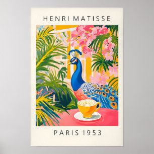 Pfau trinkt Kaffee Poster, Rosa Küchendekor Poster