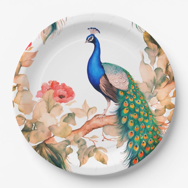 Pfau- und Blumen-Papierpartyplatten Pappteller (Vorderseite)