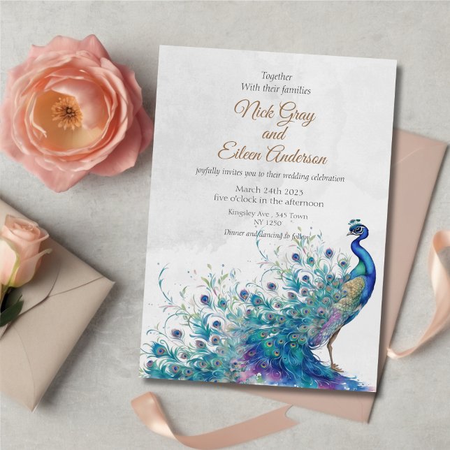 Pfau und Feather Wedding Einladung (Peacock and Feather Wedding Invitation)