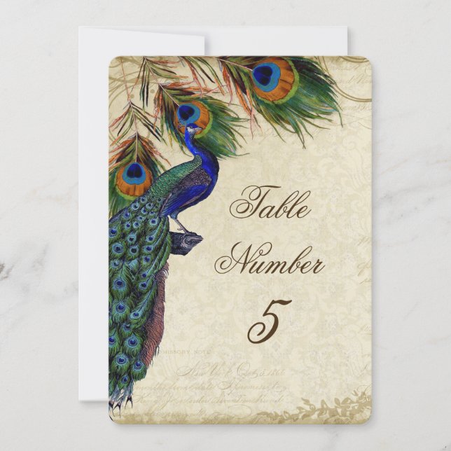 Pfau und Federn - Formal Hochzeit Tischnummer 5 (Vorderseite)