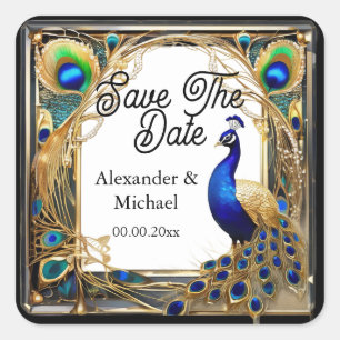 Pfau und Federn Jugendstil Save the Date Quadratischer Aufkleber