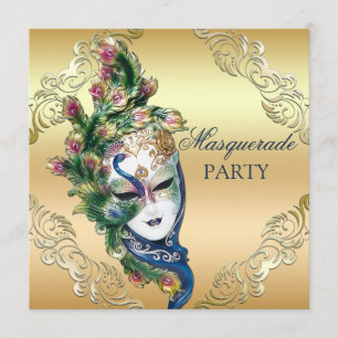 Pfau und Federn Maske Gold Masquerade Party Einladung