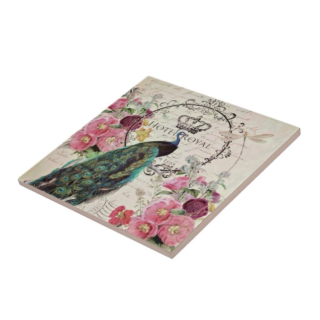 Pfau und Frühlingsblumen Fliese (Seite)