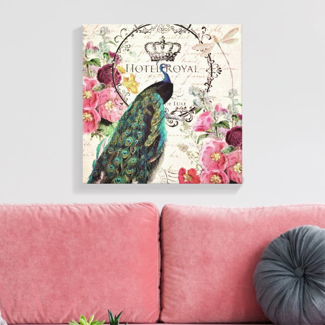Pfau und Frühlingsblumen Leinwanddruck (Insitu (Wohnzimmer))