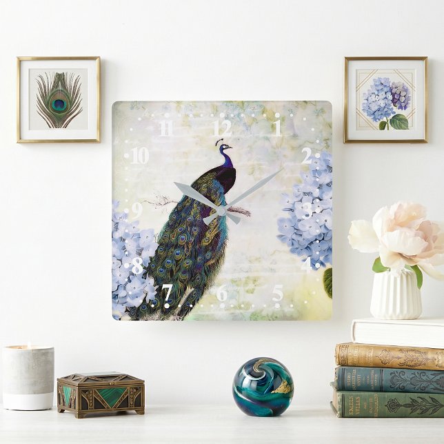 Pfau und Hydrangea Quadratische Wanduhr (Von Creator hochgeladen)