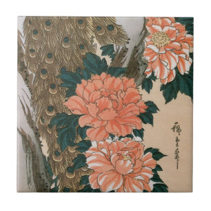 Pfau und Päonien von Hiroshige, japanische Kunst Fliese