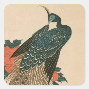 Pfau und Pfaue von Hiroshige, japanische Kunst Quadratischer Aufkleber