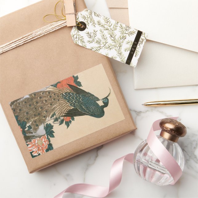 Pfau und Pfaue von Hiroshige, japanische Kunst Rechteckiger Aufkleber (Schenken)