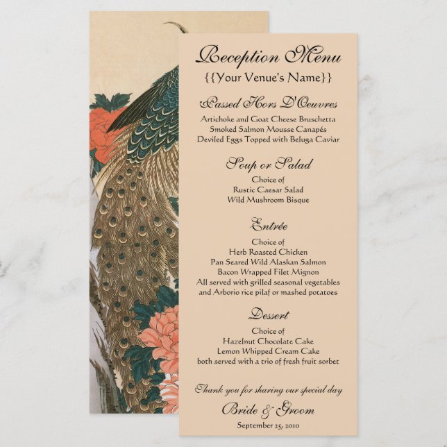 Pfau und Pfaue von Hiroshige Wedding Menükarte (Vorne/Hinten)