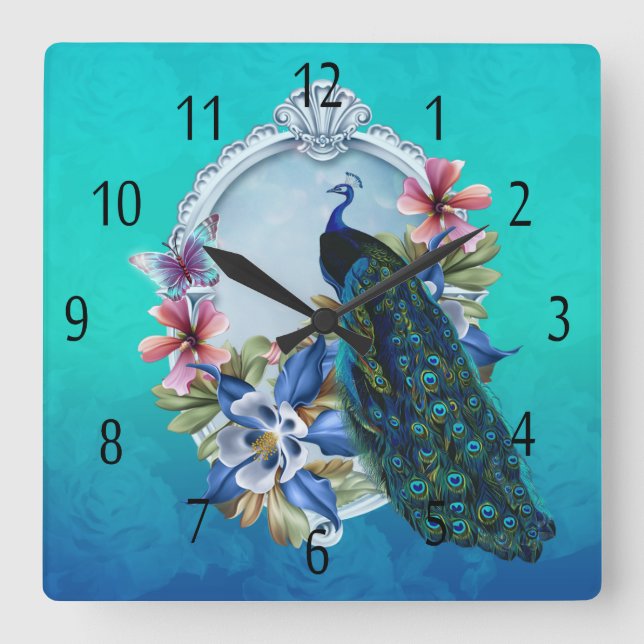 Pfau und quadratische mit BlumenWanduhr Quadratische Wanduhr (Vorderseite)