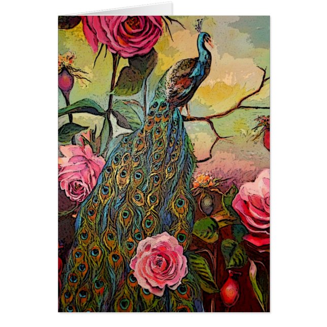 Pfau und Rose Grußkarte (Vorne)