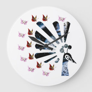 Pfau und Schmetterlinge Große Wanduhr
