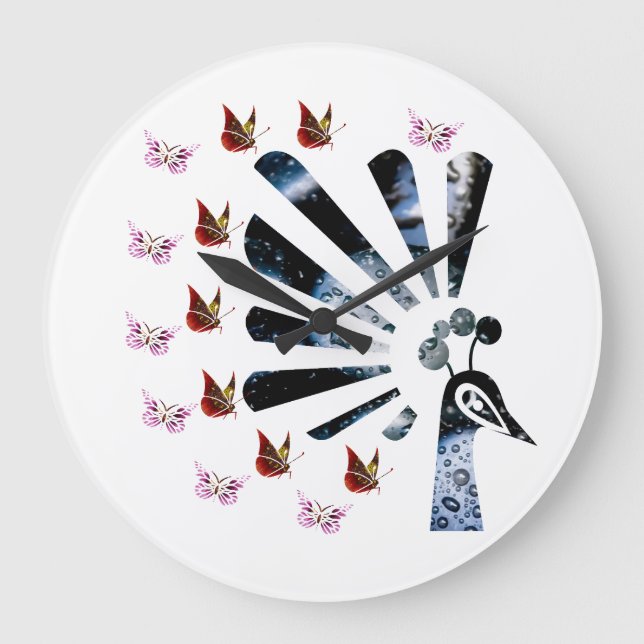 Pfau und Schmetterlinge Große Wanduhr (Vorderseite)