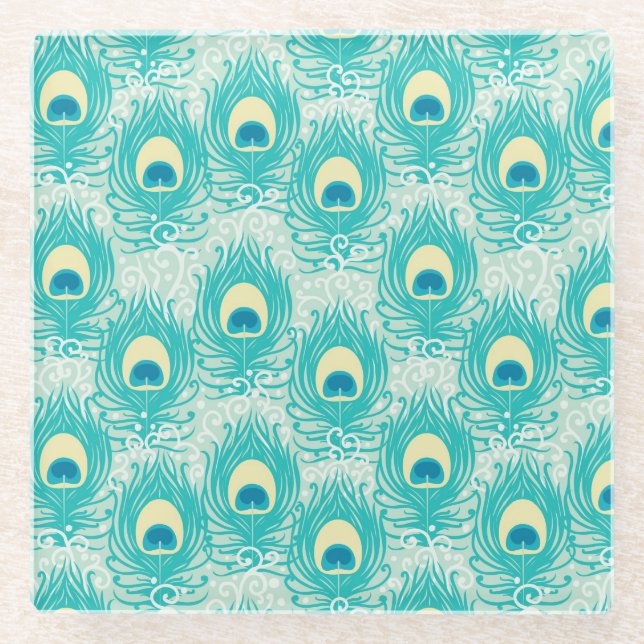 Pfau versieht Muster mit Federn Glasuntersetzer (Vorderseite)