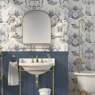 Pfau Vintage Französische Toile Blau Landleben Küh Tapete