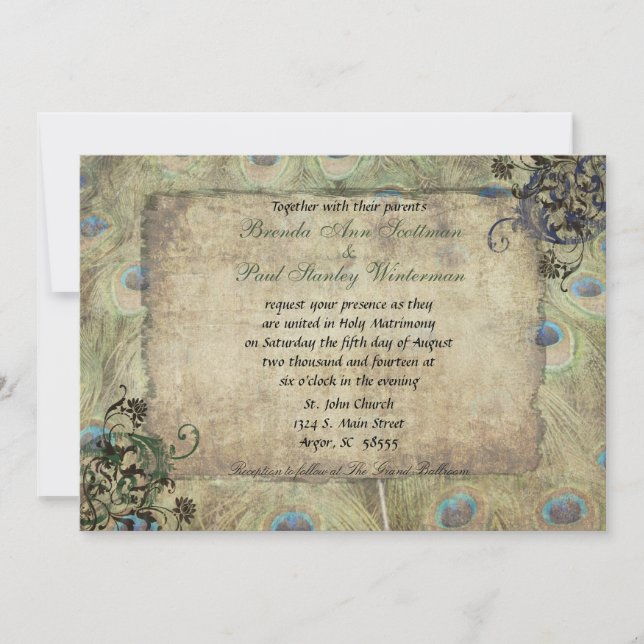 Pfau Vintage Hochzeit Einladung (Vorderseite)