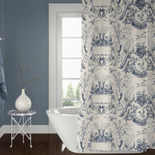 Pfau Vintage Toile Blau Weiß Hahn und Kaninchen Duschvorhang