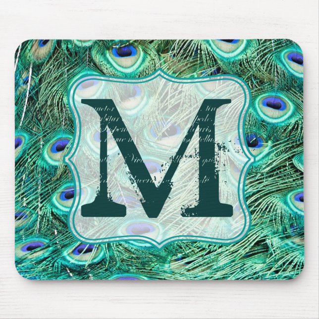 Pfau-Vogel-Feder-Monogramm-Initialen-Mausunterlage Mousepad (Vorne)