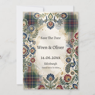 Pfau-Volks-Tartan-Karte zur Hochzeitsankündigung Save The Date