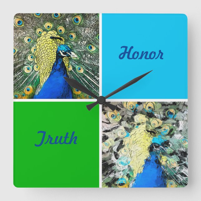 Pfaue Kunst mit Aqua und, Grüne Plätze Quadratische Wanduhr (Vorderseite)