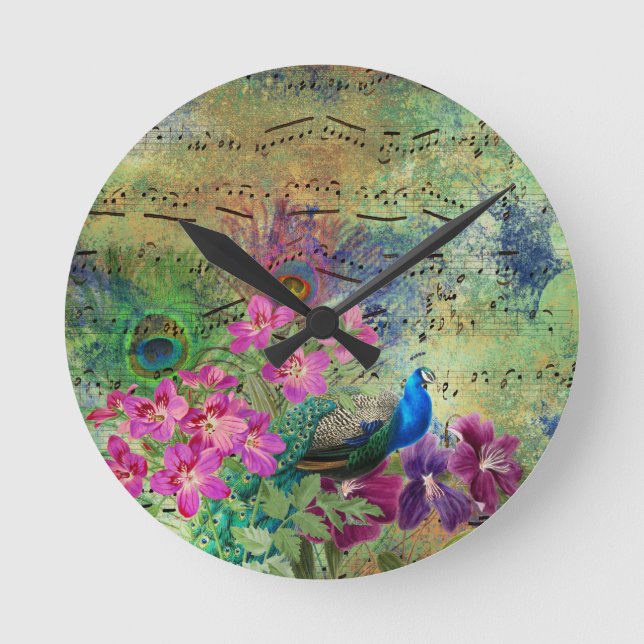 Pfaue Pfau Französischer Antike Aussehen Runde Wanduhr (Vorderseite)