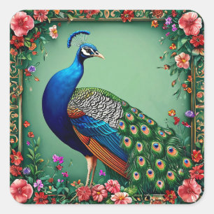 Pfauen-Blumen-Aufkleber Elegantes Vogelkunst-Gesch Quadratischer Aufkleber