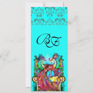 PFauen in Liebe AQUA BLAU TÜRKIS DAMAST MONOGRAMM Einladung