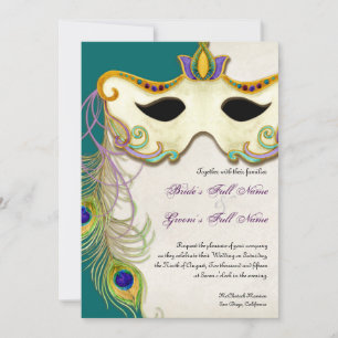 Pfauen-Maskenball - Hochzeitseinladung Einladung