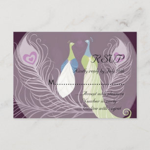 Pfauen-Paar-Liebesvögel Lila Hochzeit RSVP Karte
