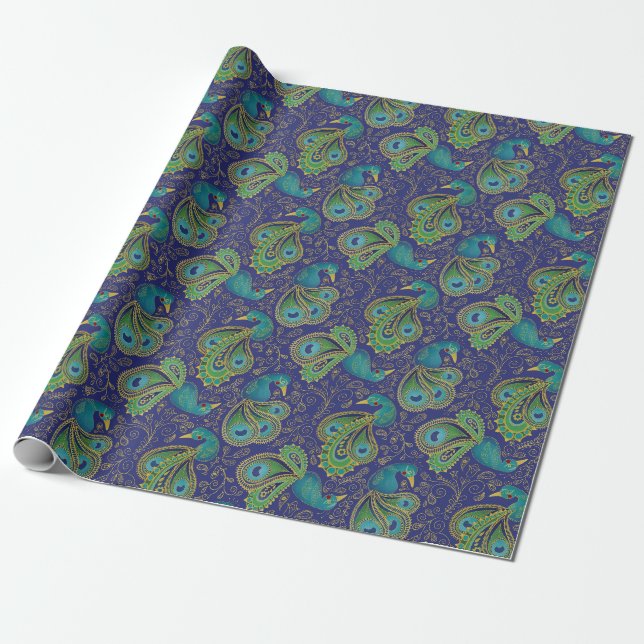 Pfauen-Paisley-Muster Blau Geschenkpapier (Ungerollt)