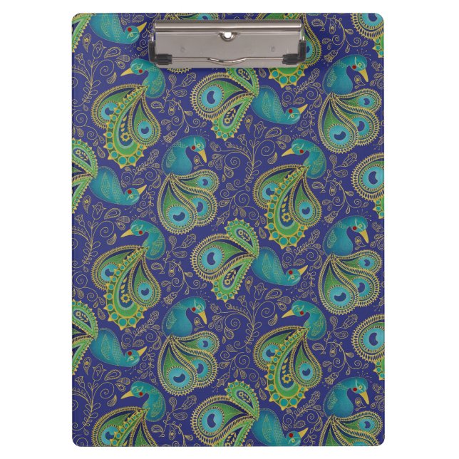 Pfauen-Paisley-Muster Blau Klemmbrett (Vorderseite)