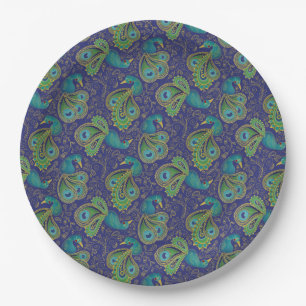 Pfauen-Paisley-Muster Blau Pappteller